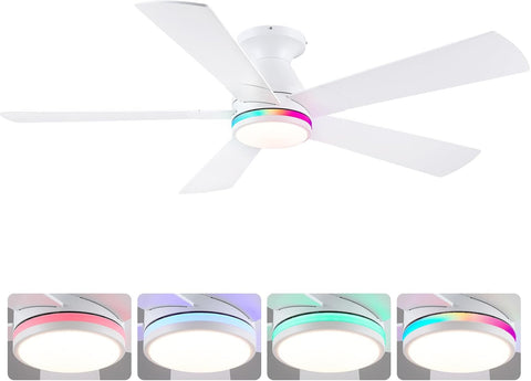 52" Flush Mount RGB Ceiling Fans with Lights - White Low Profile Ceiling Fan Light with Remote/APP, RGB+3CCT 6 Wind Speeds and Reversible, Modern Fan Light Fixture for Party, Kiad's Room