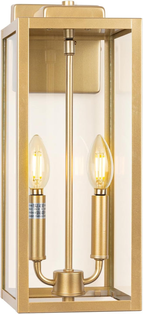 16" Gold 2-Light Outdoor Wall Lantern, IP65 Waterproof Brass Porch Light