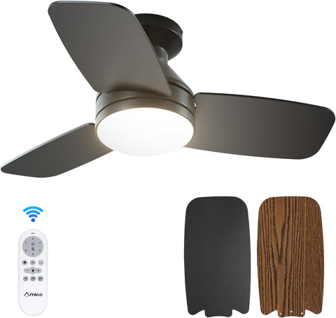 Ceiling Fans with Lights, 30 inch Low Profile Ceiling Fan with Light and Remote Control, Flush Mount, Reversible, 3CCT, Dimmable, Noiseless, Black Ceiling Fan for Bedroom, Indoor/Outdoor Use