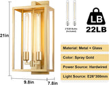 21" Large Gold Outdoor Wall Lantern, IP65 Waterproof Modern Porch Light