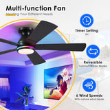 52In Black RGB Ceiling Fans with Lights - Flush Mount Low Profile Ceiling Fan Light with Remote/APP, RGB+3CCT 6 Wind Speeds and Reversible, Modern Fan Light Fixture for Party, Kid's Room