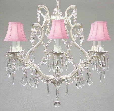 Wrought Iron Crystal Chandelier Lighting H 19" W 20" - With Pink Shades - A83-Pinkshades/White/3530/6