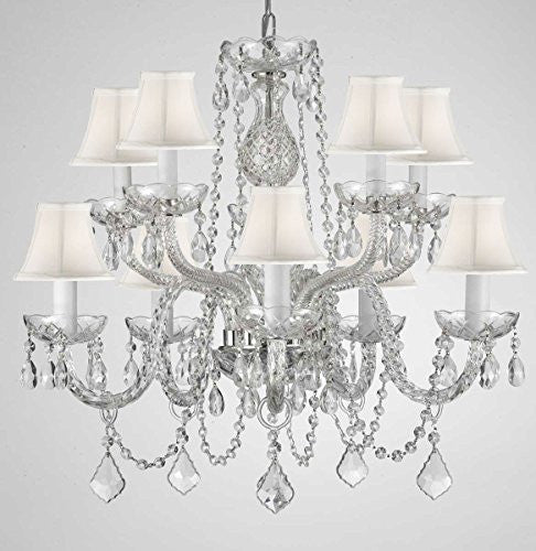 Swarovski Crystal Trimmed Chandelier Crystal Chandelier Lighting With White Shades H 25" X W 24" - G46-Whiteshades/Cs/1122/5+5 Sw