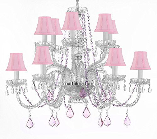 Empress Crystal (Tm) Chandelier Lighting With Pink Color Crystal And Pink Shades - F46-B2/385/6+6-Pink Shades/Pink Crystals