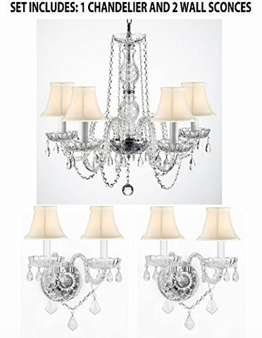 3Pc Lighting Set - New Authentic All Crystal Murano Venetian Style Empress Crystal Chandelier And 2 Wall Sconces With White Shades - 1Ea Sc/384/5 + 2Ea 2/386Whiteshades