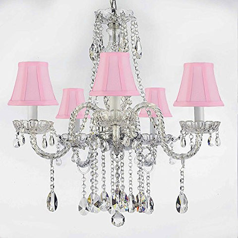 Authentic All Crystal Chandeliers Lighting Empress Crystal (Tm) Chandeliers With Pink Shades H27" X W24" - G46-Pinkshades/B14/384/5