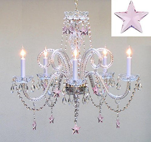 Empress Crystal(Tm) Chandelier Lighting With Pink Crystal Stars H25" X W24" - Nursery Kids Girls Bedrooms Kitchen Etc - Go-A46-B38/387/5/Pink