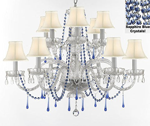 Authentic All Crystal Chandelier Chandeliers Lighting With Sapphire Blue Crystals And White Shades Perfect For Living Room Dining Room Kitchen H32" W27" - A46-B82/Whiteshades/387/6+6