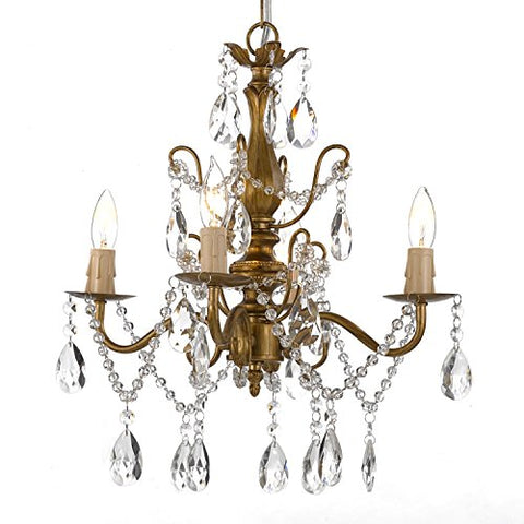 Wrought Iron and Crystal 4 Light Gold Chandelier H 14" X W 15" Pendant Fixture Lighting Ceiling Lamp Hardwire and Plug In - J10-SCL-01490CG