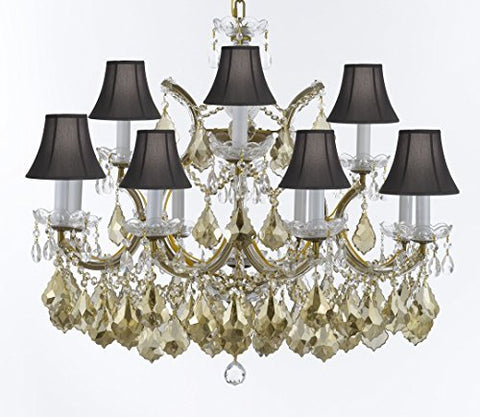 Maria Theresa Chandelier Crystal Lighting H 22" X W 28" W/ Golden Teak Crystal W/ Black Shades Good For Dining Room, Entryway , Living Room - A83-SC/BLKSH/B2/GOLDENTEAKGOLD/1534/12+1