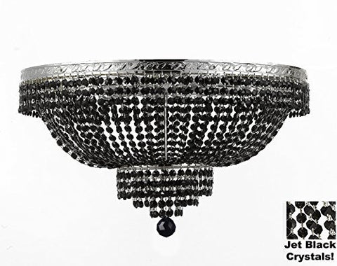 French Empire Semi Flush Crystal Chandelier Lighting - Dressed With Jet Black Color Crystals H18" X W24" - F93-B80/Flush/Cs/870/9