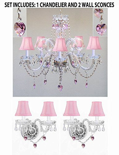 Three Piece Lighting Set - Crystal Chandelier And 2 Wall Sconces W/ Pink Crystal Hearts And Pink Shades - Pnkshd/B21/387/5+2Ea Pnkshd/B21/2/386