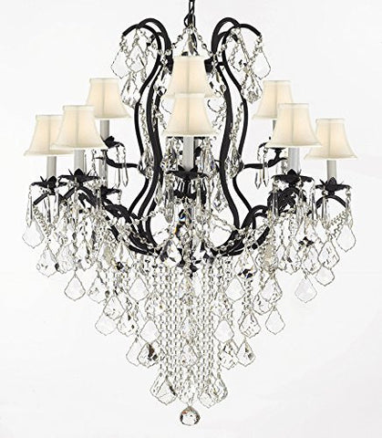 Wrought Iron Empress Crystal (Tm) Chandelier Lighting H40" X W28" With White Shades - F83-Sc/Whiteshades/B12/3034/8+4