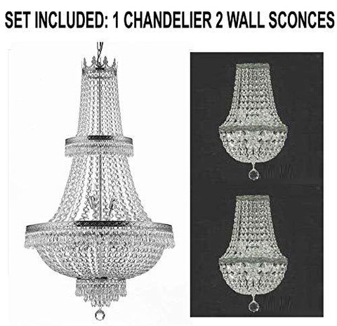 Set of 3-1 French Empire Crystal Chandelier Lighting H50" X W24" - Great for The Dining Room, Living Room! and 2 Empire Crystal Wall Sconce Lighting H 18" X W 9.5" X D 5" - A500-1EA CS/870/15 + 2EA CS/4/5/WALLSCONCE