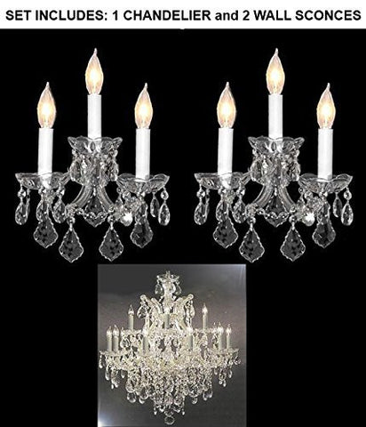 Set Of 3 - 1 Chandelier Crystal Lighting Chandeliers H 30" W 28" And 2 Maria Theresa Wall Sconce Crystal Lighting H14" x W11.5" - 1Ea-Cs/21532/12+1 + 2Ea-Cs/2813/3