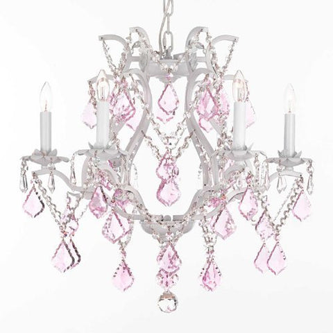 White Wrought Iron Crystal Chandelier Lighting With Pink Crystals H 19" W 20" - A83-Pinkb20/White/3530/6
