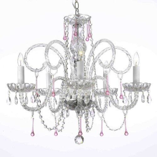 Pink Crystal Chandelier Lighting H25" X W24" - A46-387/5Pink