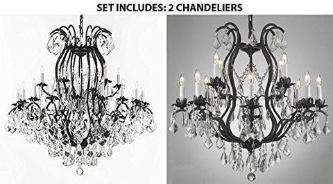 Set Of 2 - Wrought Iron Crystal Chandelier Lighting Empress Crystal (Tm) H46" W46" Perfect For An Entryway Or Foyer And Wrought Iron Crystal Chandelier Lighting Chandeliers H30" X W28" - A500-1Ea-3034/18+6 + 1Ea-3034/8+4