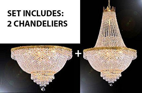 Set Of 2 - Chandelier Lighting With Swarovski Crystal H30" X W24" + Swarovski Crystal Trimmed Chandelier French Empire Crystal Semi Flush Basket Chandelier H18" X W24" - 1Eaa93-870/9Sw+1Eaa93-Flush/Cg/870/9Sw