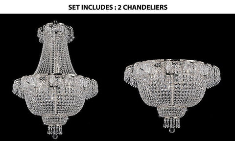 Set of 2 - 1 French Empire Crystal Chandelier Chandeliers Lighting Silver H30 X Wd24 and 1 Flush French Empire Crystal Chandelier Chandeliers Lighting Silver H19.5 X Wd24 Empire - J10-1EA-CS/928/9 + 1EA-CS/928/9-FLUSH