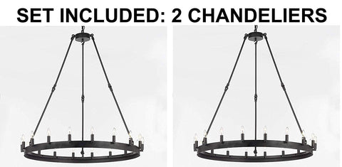 Set of 2 - Wrought Iron Vintage Barn Metal Castile One Tier Chandelier Chandeliers Industrial Loft Rustic Lighting W 38" H 40" - 2EA G7-3428/18