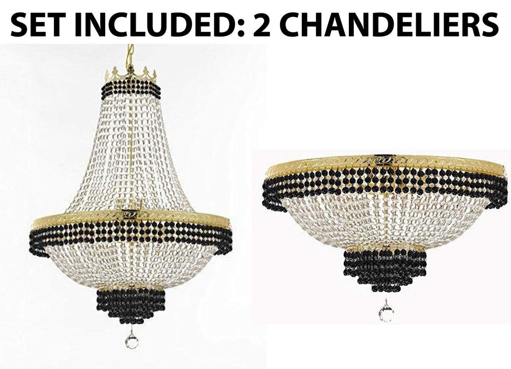 Set of 2-1 French Empire Crystal Chandelier Lighting Trimmed w/Jet Black Crystal! H36" X W30" and 1 Flush French Empire Crystal Chandelier Trimmed with Jet Black Crystal! H18" X W24" - B79/CG/870/14 + B79/CG/FLUSH/870/9