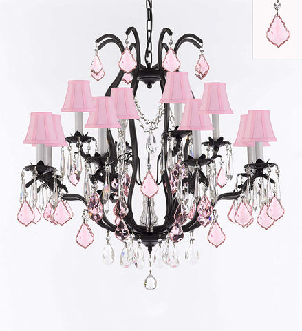 Wrought Iron Crystal Chandelier Lighting Chandeliers H30" x W28" Dressed with Pink Crystals and Pink Shades! Great for Bedroom, Kitchen, Dining Room, Living Room, and more! - F83-B110/3034/8+4-PINKSHADES